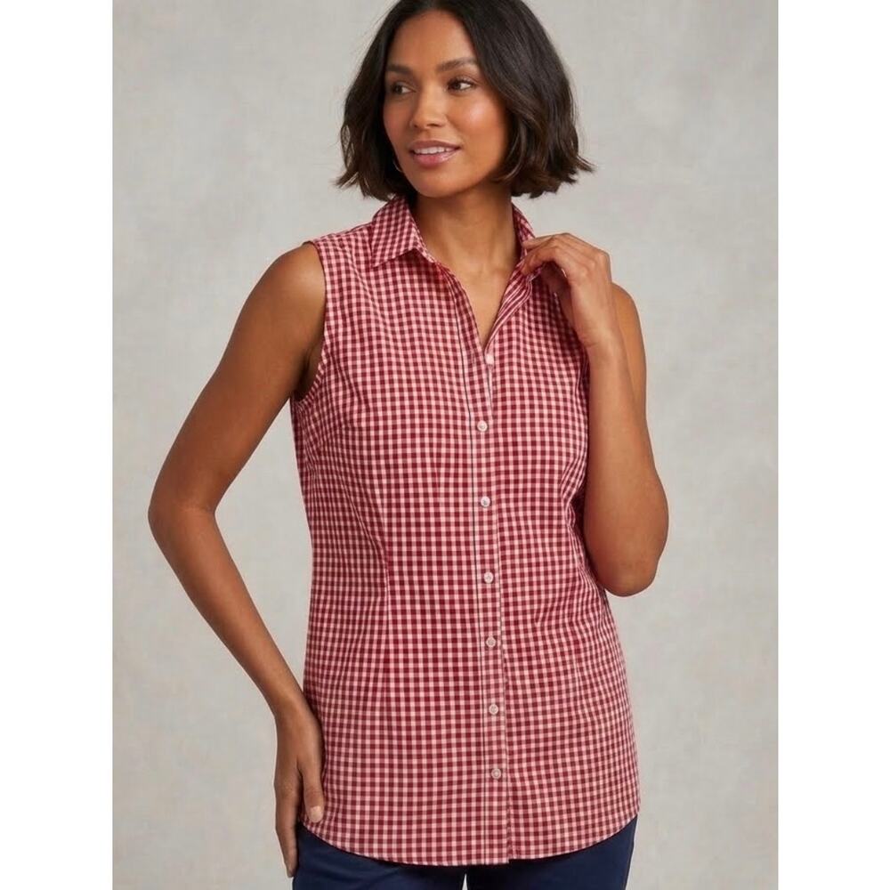 Red White Gingham Charter Club Sleeveless Collared 14 American Cottagecore Shirt